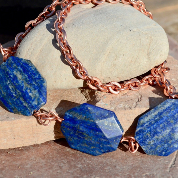 Lapis Lazuli Long Heavy Copper Chain Necklace OOAK - Picture 3 of 5